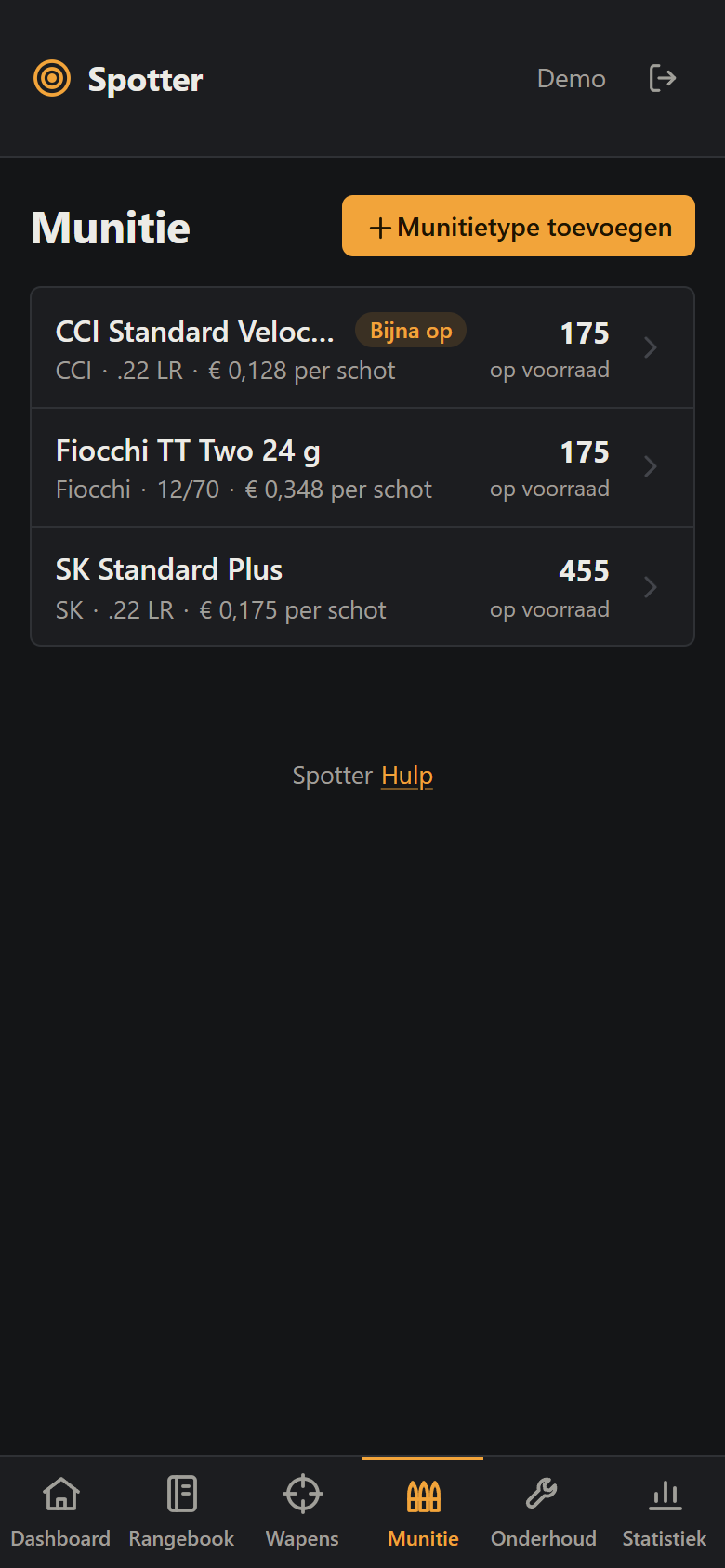 De munitie in Spotter: per munitietype het aantal schoten op voorraad, met een waarschuwing bij een type dat bijna op is.