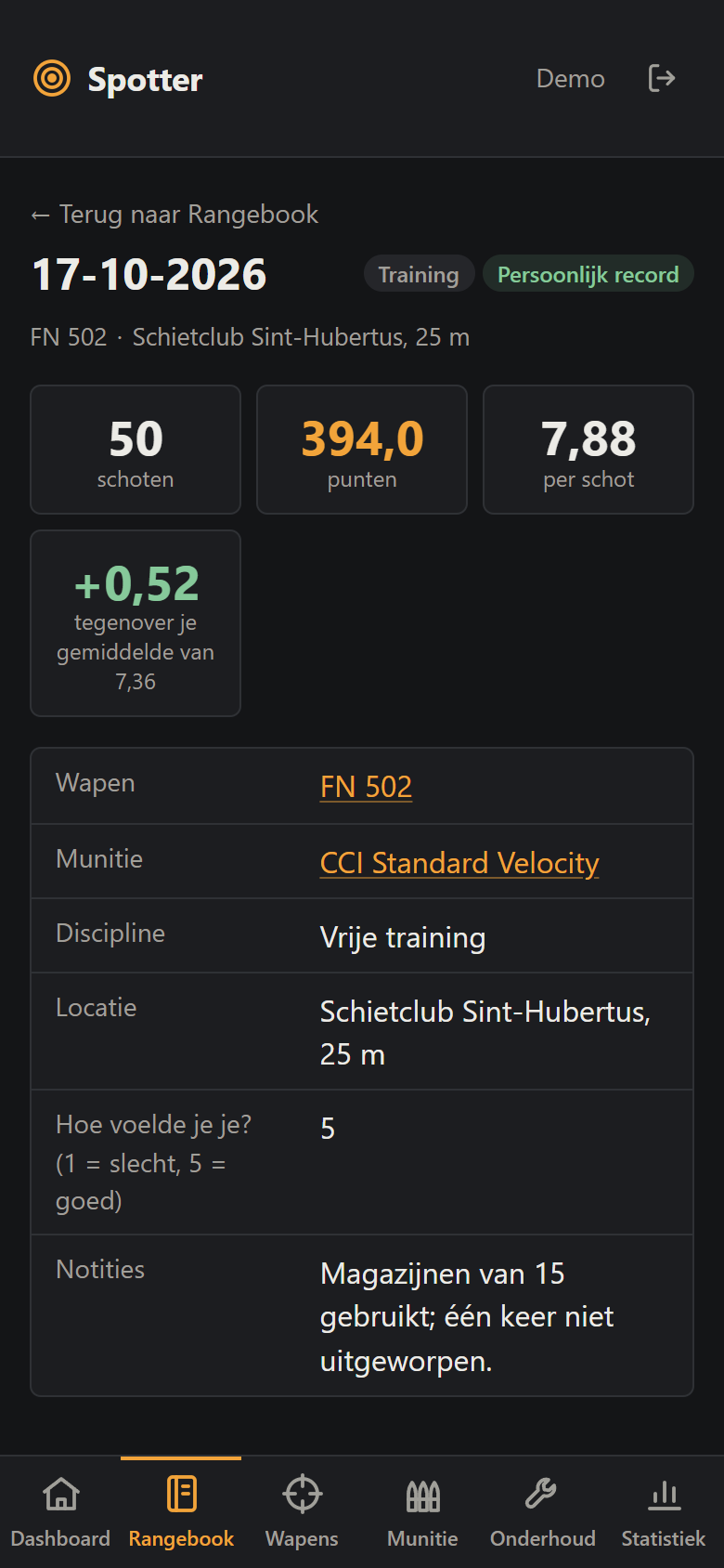 Een sessie in het Rangebook: het aantal schoten, de punten, het gemiddelde per schot en hoeveel beter dat is dan je gemiddelde.